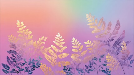 Elegant Fern Leaves with Golden Highlights Against a Soft Gradient Background of Pastel Colors