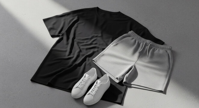 Minimalist Outfit: Black T-Shirt, Gray Shorts, and White Sneakers on Concrete