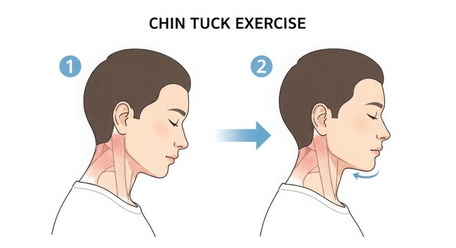 Chin tuck exercise demonstrates neck posture improvement and muscle strengthening benefits illustration