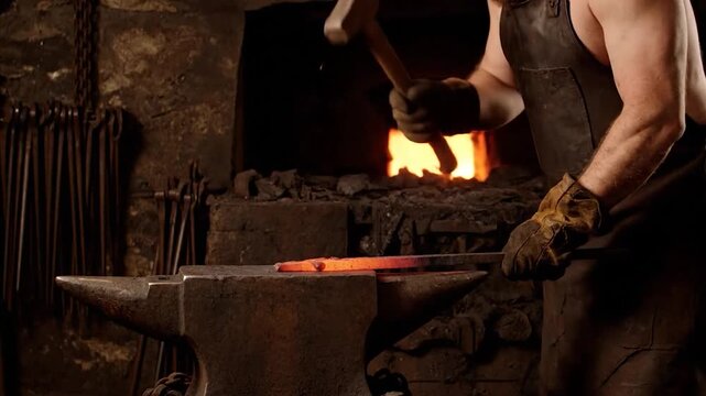 A blacksmith forges a metal rod in a dimly lit workshop, using a hammer and an anvil