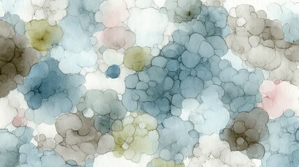 Abstract watercolor texture with soft pastels and blurry circular shapes in blue, gray, green, and pink tones for artistic backgrounds