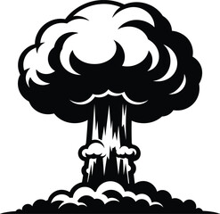 Black and white stylized mushroom cloud vector symbolizing atomic explosion, nuclear war, destruction, dramatic impact, danger, and catastrophic force.