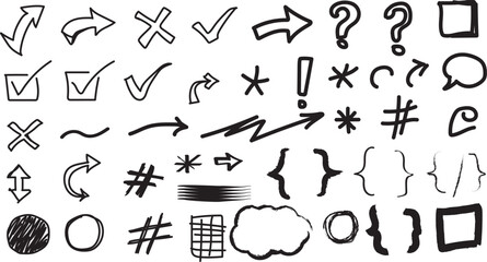 Collection of hand drawn doodle icons and symbols including arrows checkmarks question marks and brackets