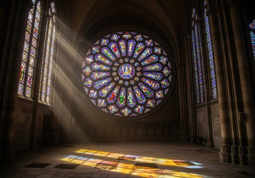 Magnificent light rays streaming through the stained glass windows of a historic cathedral