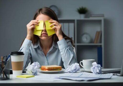 Exhausted businesswoman covering her eyes with sticky notes while working late in the office