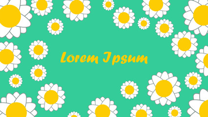 A Bright Digital Background Design Featuring a Border of Stylized White and Yellow Daisy Flowers Set Against a Solid Teal or Mint Green Field with "Lorem Ipsum"