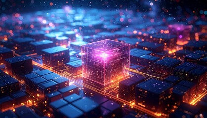Futuristic Cityscape with Glowing Cube and Abstract Architecture.