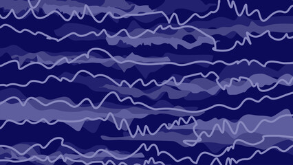 A Dynamic and Abstract Seamless Pattern Featuring Horizontal Wavy Lines and Overlapping Blobs in a Monochromatic Palette of Dark and Light Shades of Indigo Blue and Violet