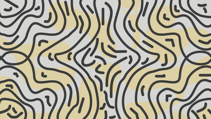 Wavy Line Art Abstract Pattern: Seamless Repeating Background with Curving Organic Shapes and Squiggly Hand-Drawn Elements in Black, Light Yellow, and Pale Gray