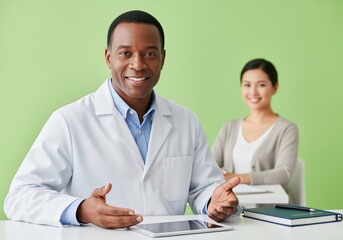 Friendly african american doctor in lab coat talking to a colleague or patient