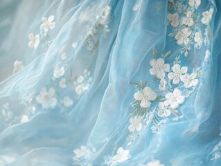 Delicate Blue Tulle with Embroidered White Flowers for Fashion Design