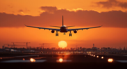 Stunning airplane landing at sunset, a symbol of travel, adventure, and new beginnings with its silhouette against the vibrant orange sky