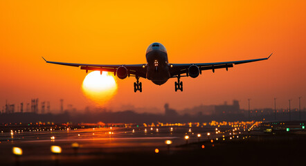 Spectacular airliner taking off at sunset with glowing horizon, travel the world, aviation industry, international tourism, transportation and logistics