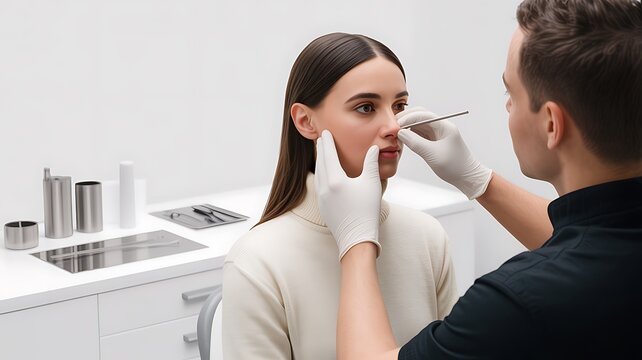  Plastic surgeon examining woman nose before rhinoplasty procedure in modern aesthetic clinic 
