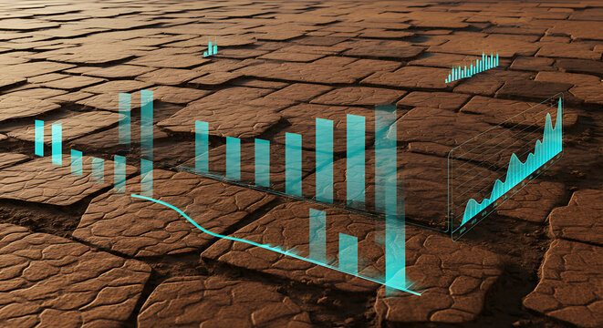 Graphical data representation over cracked earth surface showing economic climate change
