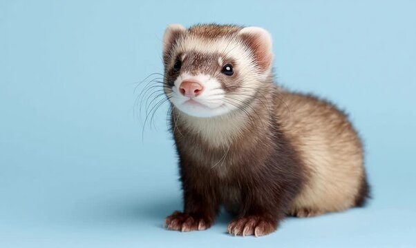 pet ferret looking sideways sitting in front of very light baby blue background