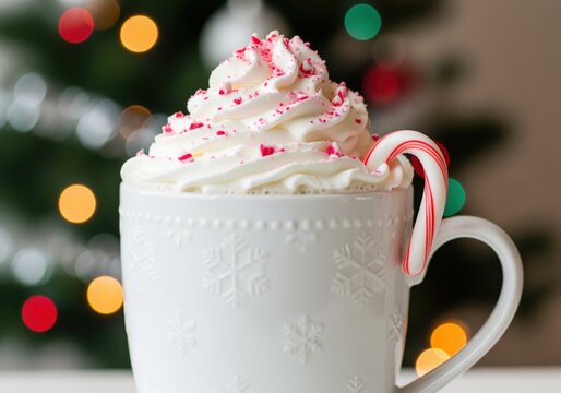 Festive hot chocolate in a snowflake mug topped with whipped cream and candy cane