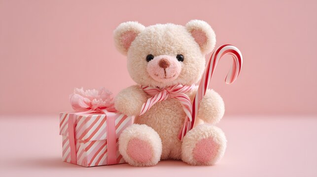 Cute teddy bear with candy cane and gift box pink background toy photography whimsical vibe