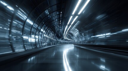 Blurred light trails of a fast-moving subway train and escalator in a dark underground city station capture the speed of urban transportation