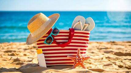 Summer beach vacation accessories with hat, sunglasses, flip flops and striped bag on sand by the sea
