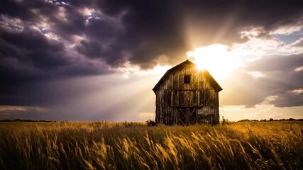Old weathered barn silhouetted against a dramatic cloudy sky, with sun rays shining down - Powered by Adobe