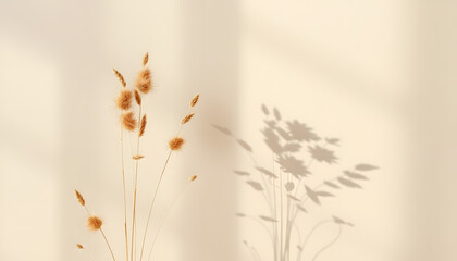 Dried meadow grass bouquet and elegant sun light shadows on beige wall background, aesthetic summer backdrop, copy space, dreamy atmosphere. White tone
