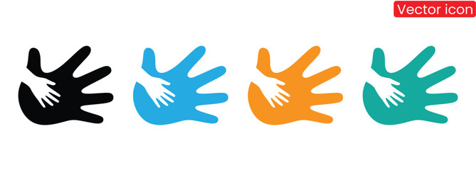 Colorful hand prints representing childhood support design,Charity icons set. Collection of hands, donations, hearts, unity and more. Vector illustration. Easily changes to any color.