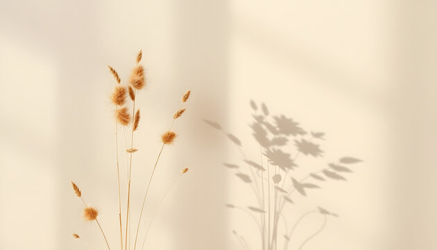 Dried meadow grass bouquet and elegant sun light shadows on beige wall background, aesthetic summer backdrop, copy space, dreamy atmosphere. White tone