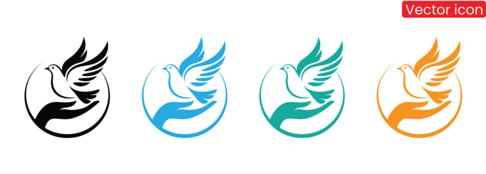 Dove bird logo, pride, love, wings, wildlife, freedom, dove, bird, pigeon logo fully editable vector template,Colorful doves in hands symbolize peace and freedom,