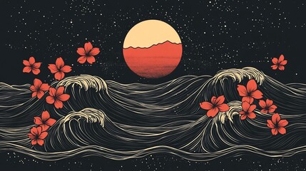 Mystical night seascape with cherry blossoms and celestial glow artwork