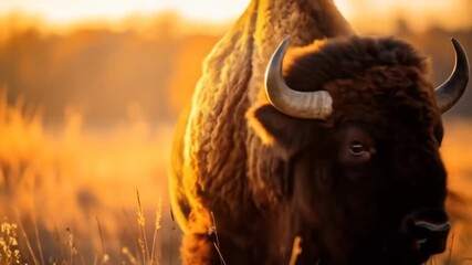 Bison Grazing at Sunset. - Powered by Adobe