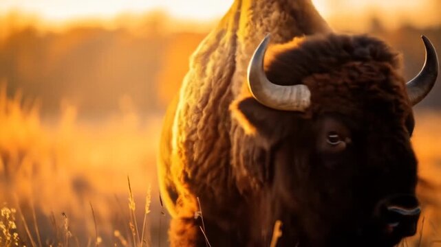 Bison Grazing at Sunset.