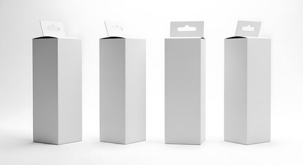 Four identical, minimalist white packaging boxes with open tops, presented in a row against a clean white background, ready for product placement mockup background image