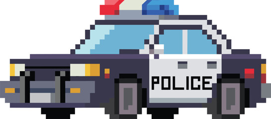 Pixel art police car, black and white body, red blue siren, retro style, vector illustration, digital artwork, law enforcement theme © Atik World