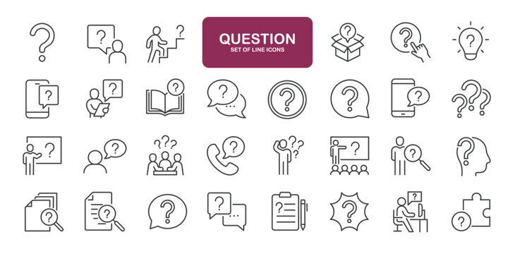 Set of line icons related to question, inforamtion, help, think. Outline icons collection