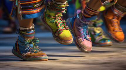 Obraz premium Dynamic view of dancers’ colorful sneakers and costumes moving in rhythm during Junkanoo street festival