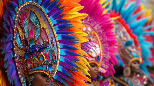 Row of performers wearing vibrant multicolored feathered headdresses at Junkanoo Festival parade in the Bahamas
