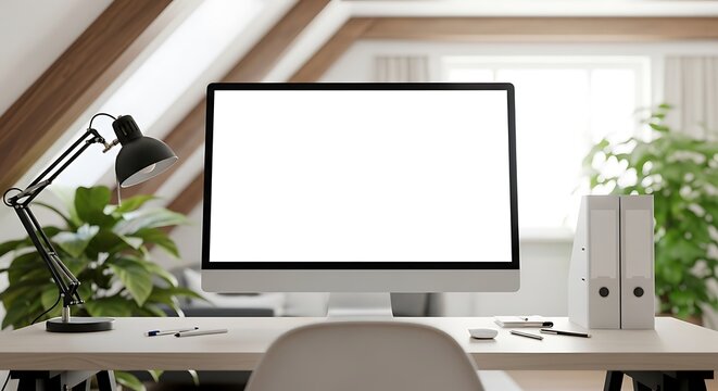 A modern desktop computer setup with a large monitor, lamp, and plants on a wooden desk in a bright room mockup background image