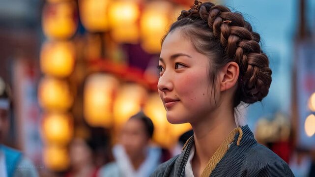 女性が夕方の神輿行列で子どもを先導し、安全確認で振り向く