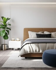 minimalistic interior scandinavian concept. Modern bedroom with large windows, natural light, and stylish decor featuring a bed and potted plants.