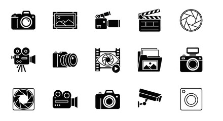 Set of photography and video icons simple flat vector glyphs for multimedia design isolated on white background