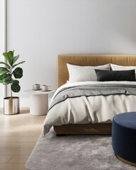 minimalistic interior scandinavian concept. Modern bedroom with large windows, natural light, and stylish decor featuring a bed and potted plants.