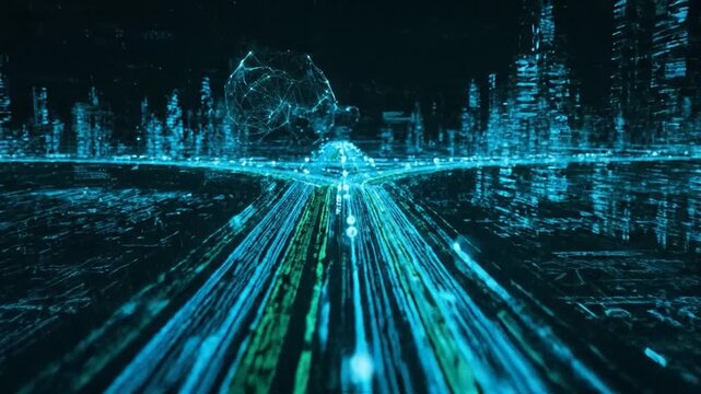 A stylized digital representation of the world, with interconnected lines and neon green and blue colors