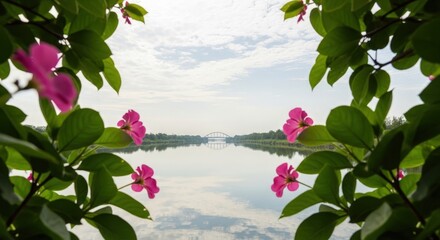 Framed view of pink flowers and a calm river reflecting the cloudy sky, creating a symmetrical natural scene