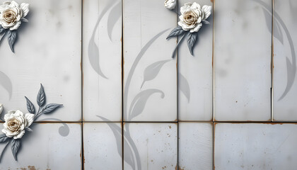 Old white gray grey rusty vintage worn shabby elegant floral leaves flower patchwork motif tiles stone concrete cement wall wallpaper texture background banner, Backlit. White tone