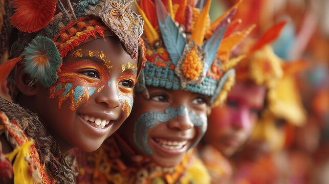 Children in colorful feather costumes and painted faces smiling together during lively Junkanoo Festival parade