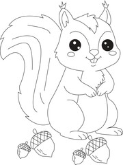 Cute cartoon squirrel with acorns line art drawing for kids coloring.