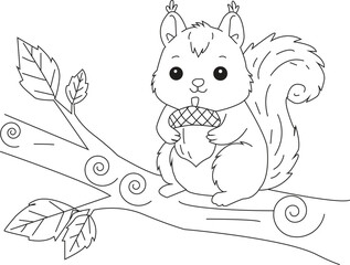 Cute squirrel holding an acorn on a tree branch coloring page