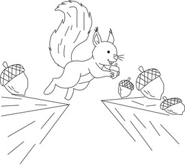 Squirrel leaping over a chasm with acorn, black and white outline
