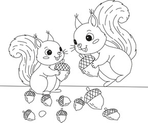 Cute cartoon squirrels holding acorns, line drawing illustration